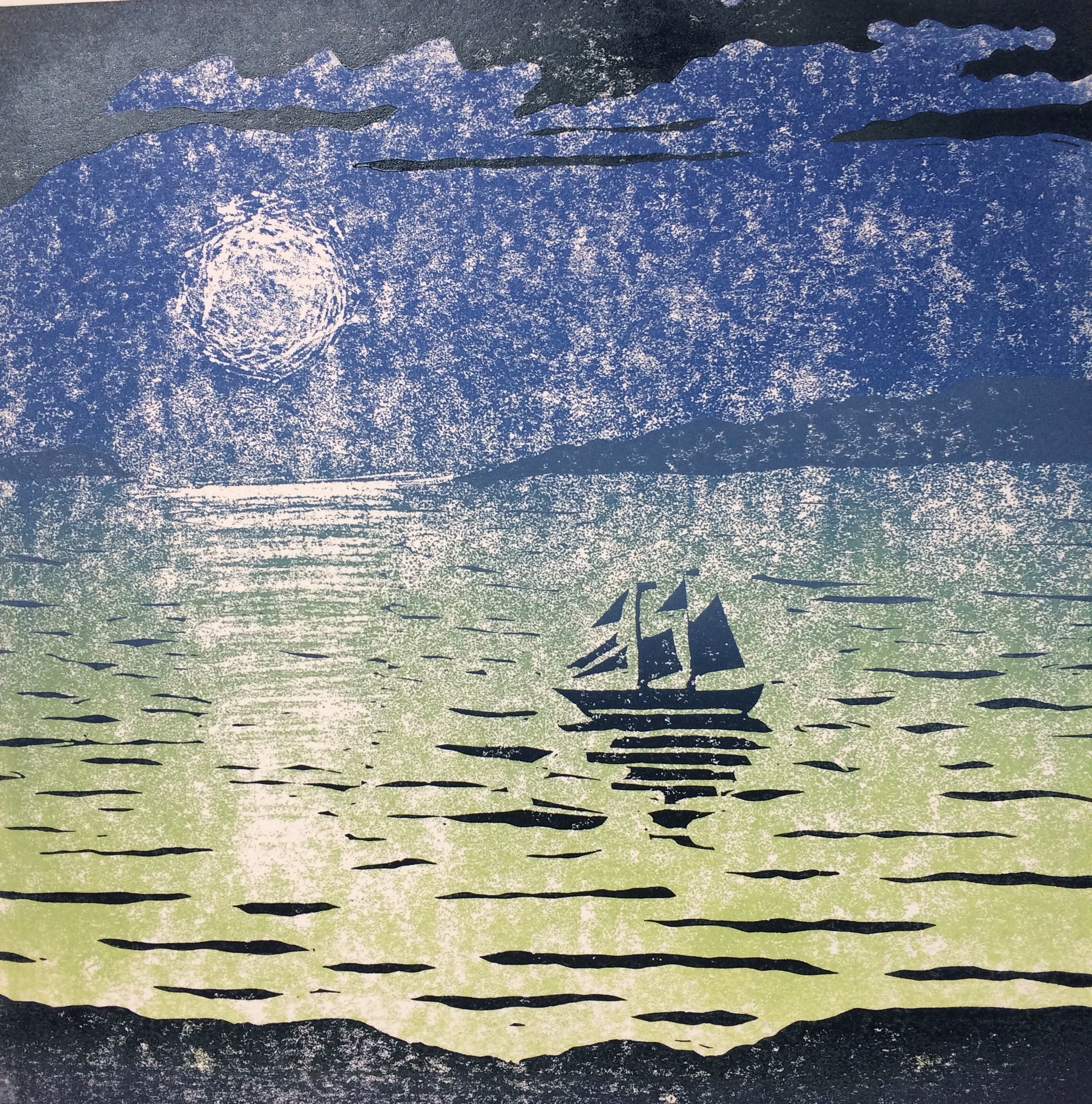 Image of Carolyn Murphy's 20:20 print exchange linocut 'Adjusting the Sails'