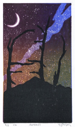 Image of a linocut called 'Darkness' by Carolyn Murphy which is part of the Bury exhibition